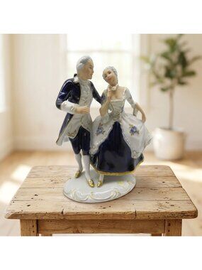 Royal Dux Bohemia Porcelain Figurine 3802 Dancing Rococo Couple Cobalt-AS IS